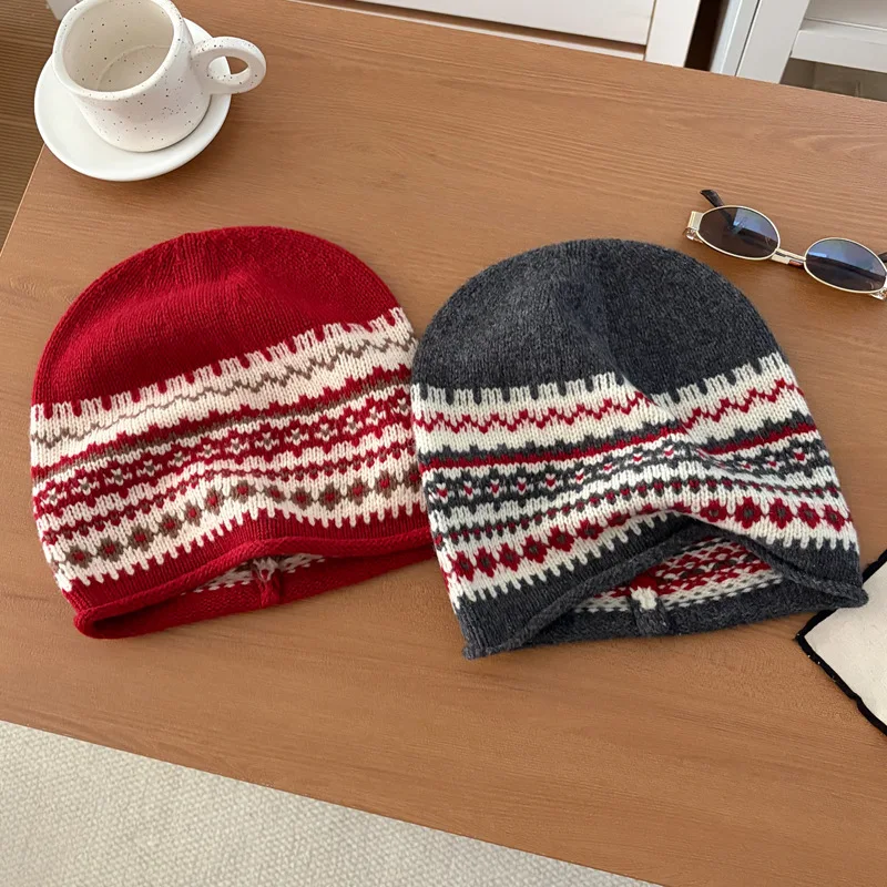 Korean Fair Island Style 100% Wool Jacquard Knitted Hat Women's Autumn and Winter Warm Versatile Pile Hat Atmosphere Cold Hat
