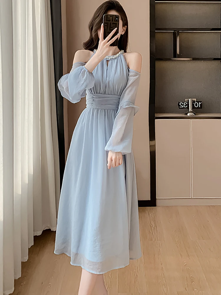 Women Blue Chiffon Off Shoulder Sexy Long Dress Spring Elegant Chic Diamonds Casual Dress 2024 Korean Fashion Bodycon Prom Dress