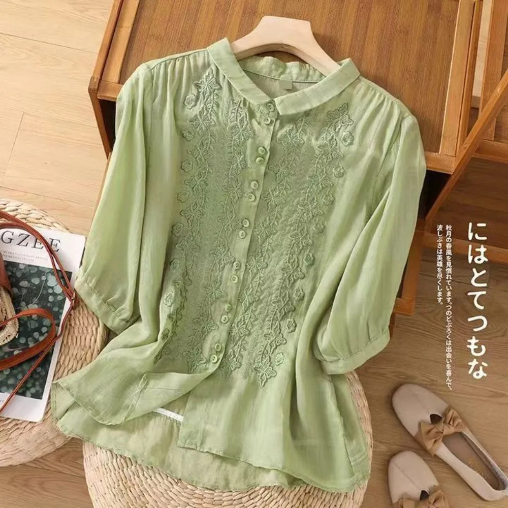 Retro Embroidery Cotton Linen Breathable Half Sleeve Lace Blouse Plus Size Loose Summer Casual Shirts Women