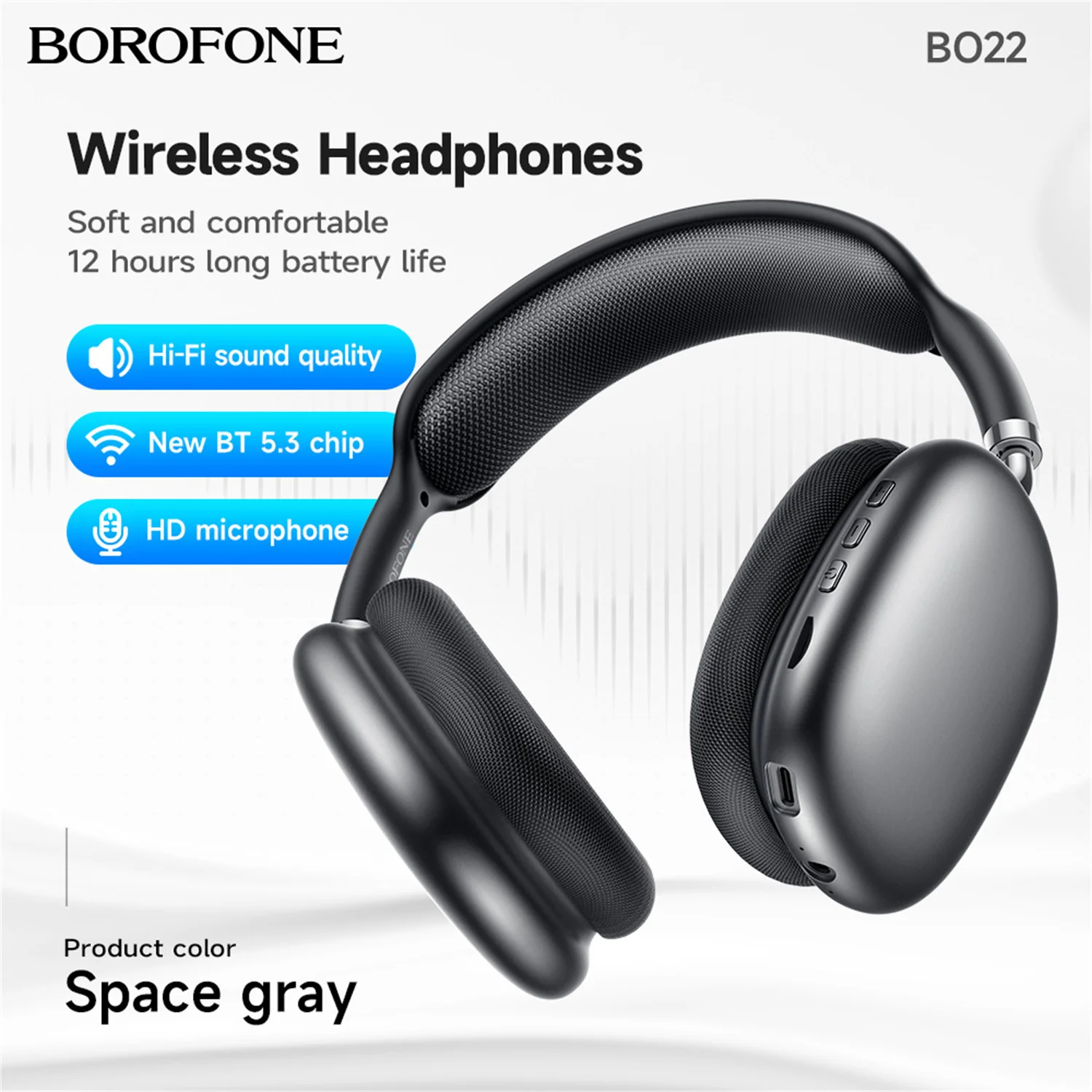 

BOROFONE BO22 Over - Ear Headphones, Bluetooth 5.3, Wireless, Deep Bass, 12H Battery, HD Mic