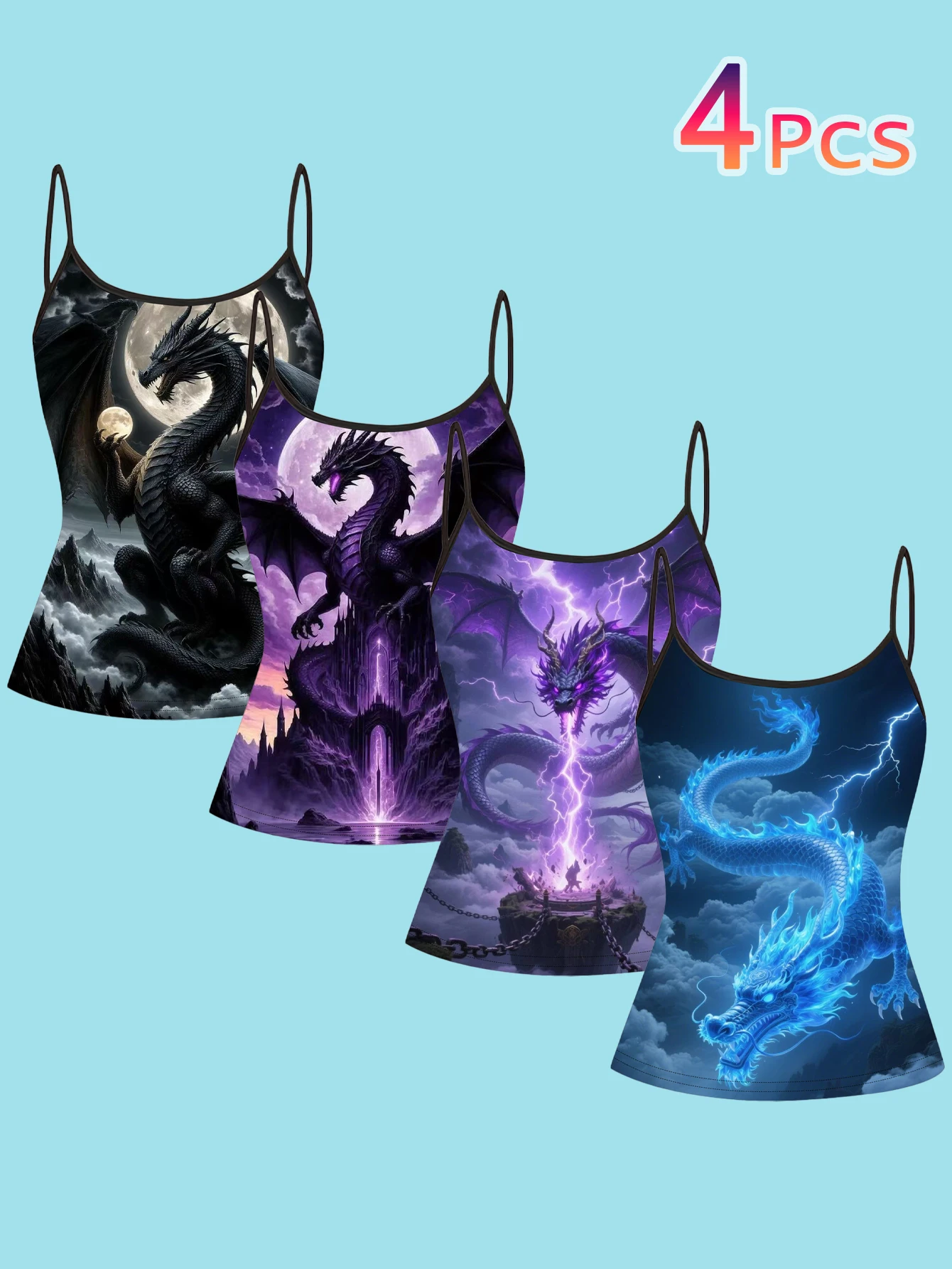 4-Piece Set of Magic Purple-Blue Thunder Dragon Castle Moon Print Camisoles, Black Background Full Moon Cloud Dragon Fantasy Illustration Women's Slim-Fit Spaghetti Strap Sleeveless Tops for Outerwear or Layering