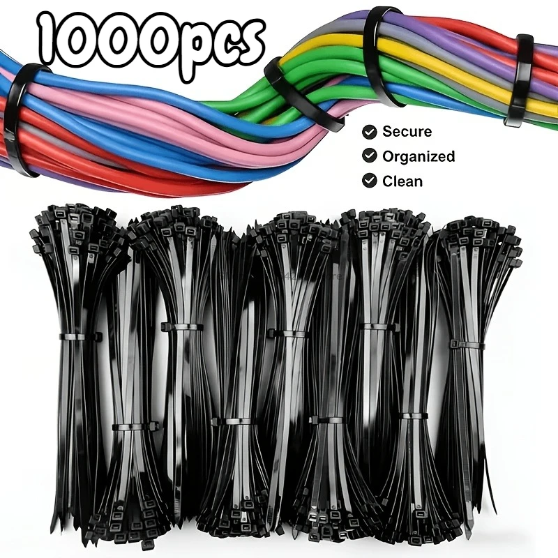 1000/100Pcs Black Zip Ties Assorted Sizes Nylon Cable Ties Adjustable Multi-Purpose Home Office Garden Workshop Cable Ties