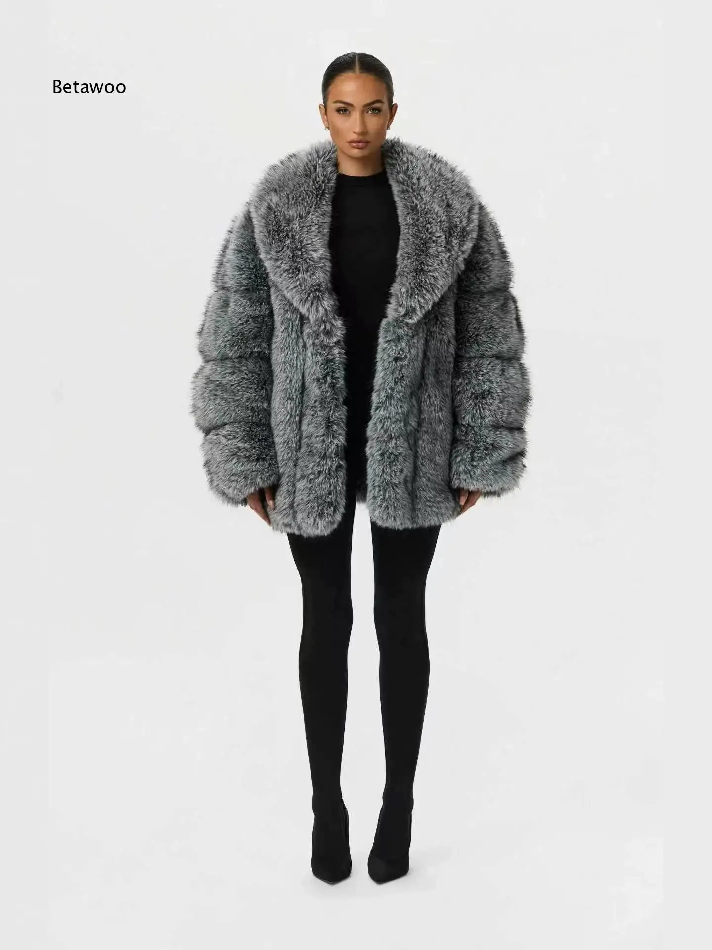 Women Thick Warm Faux Fur Mid Length Coat Oversized Notched Collar Plush Outerwear For Winter Daily Outfits And Evening Parties