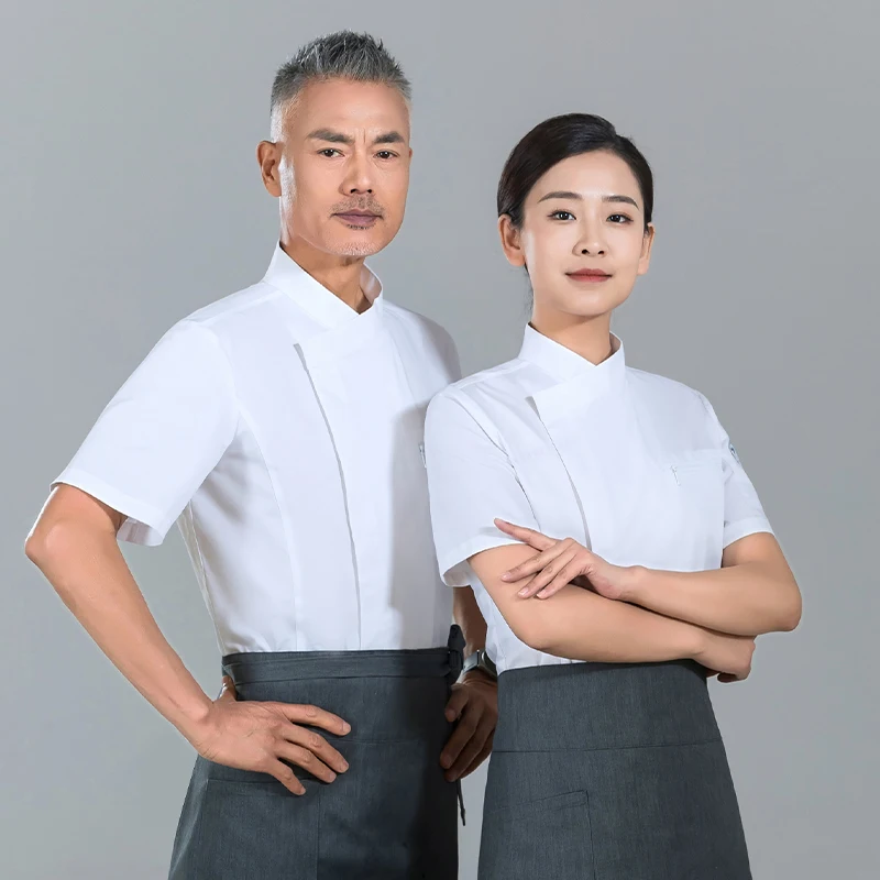 Uniforme de camarero de Chef de Pizza para hombre, abrigo de cocinero de manga corta, ropa de trabajo de cocina, camisa de servicio de Catering, ropa de trabajo de panadería