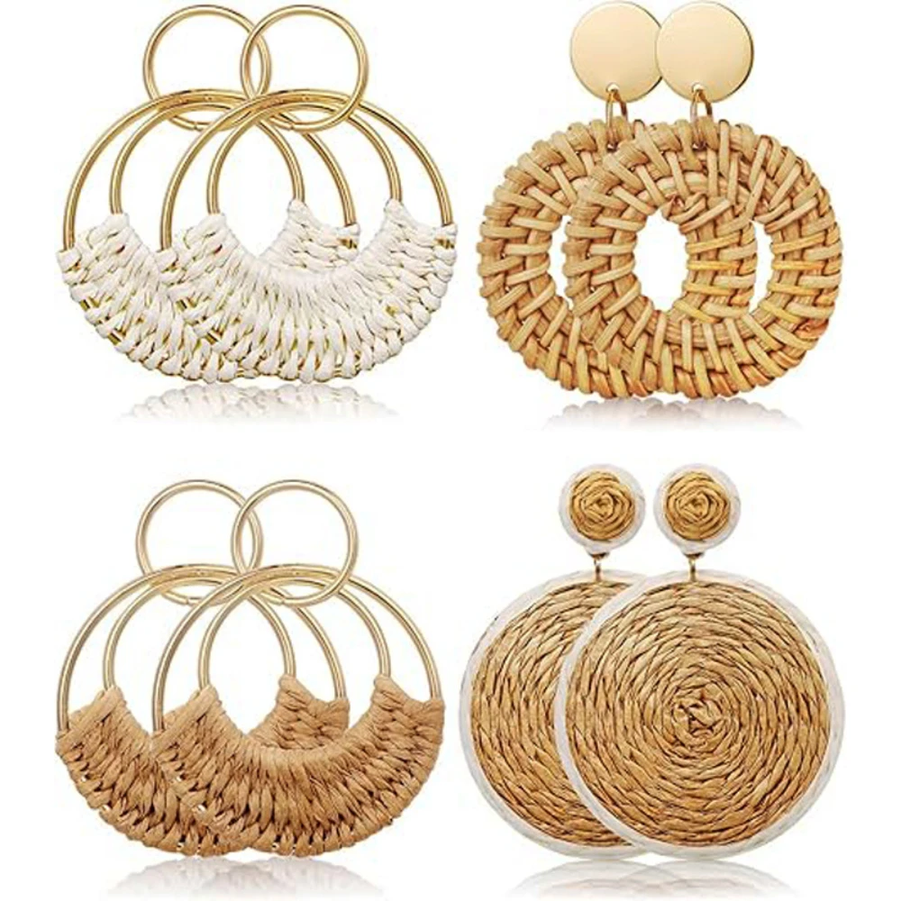 

1 or 4 PAIRS Raffia Boho Hoop Earrings for Bohemia Summer Beach Earring Rattan raffia earring set earrings woman