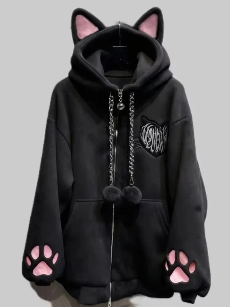 Japanese Vintage Gothic Cat Ear Hooded Coat Women Sweet Kawail Rabbit Ear Loose Sweatshirts Autumn Winter Y2k Harajuku Outerwear