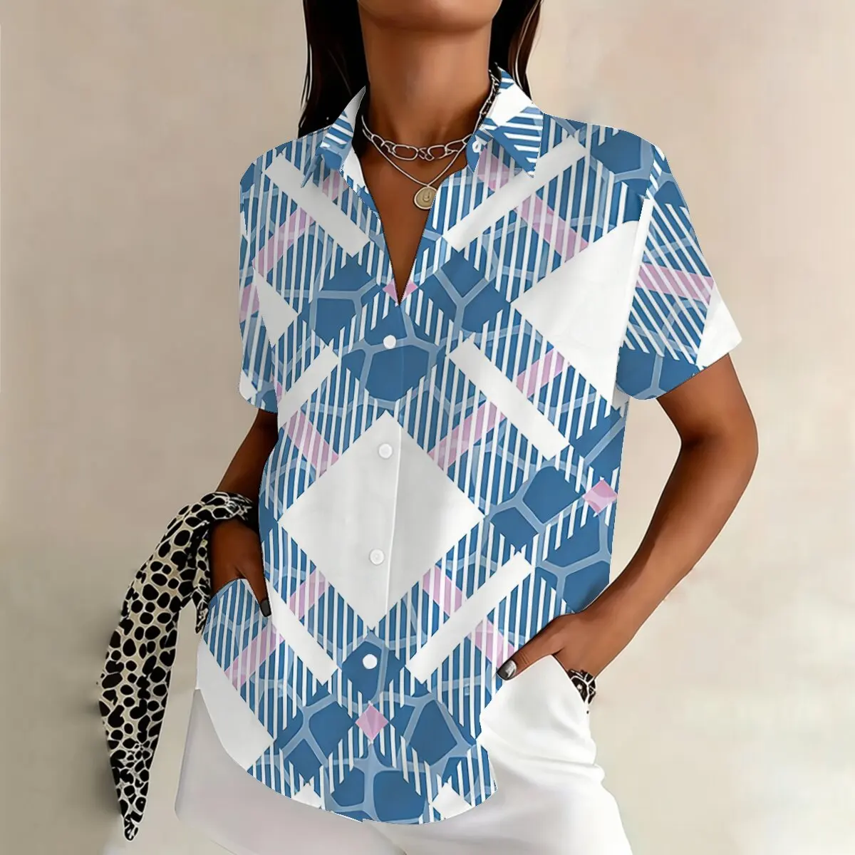 

Простая и стильная женская летняя рубашка с короткими рукавами и воротником, с принтом в клетку и полоску, модный и универсальный повседневный топ.