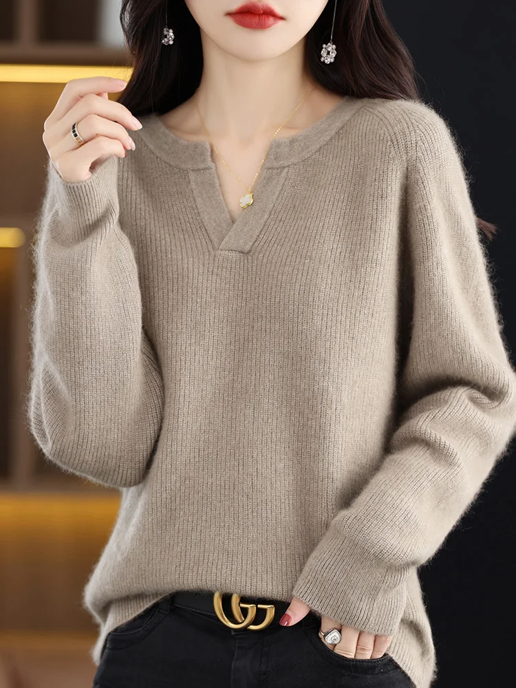 New Women 100% Mink Cashmere Sweater Small V-neck Pullover Autumn Winter Thick Knitwear Female Grace Soft Casual Clothing Tops