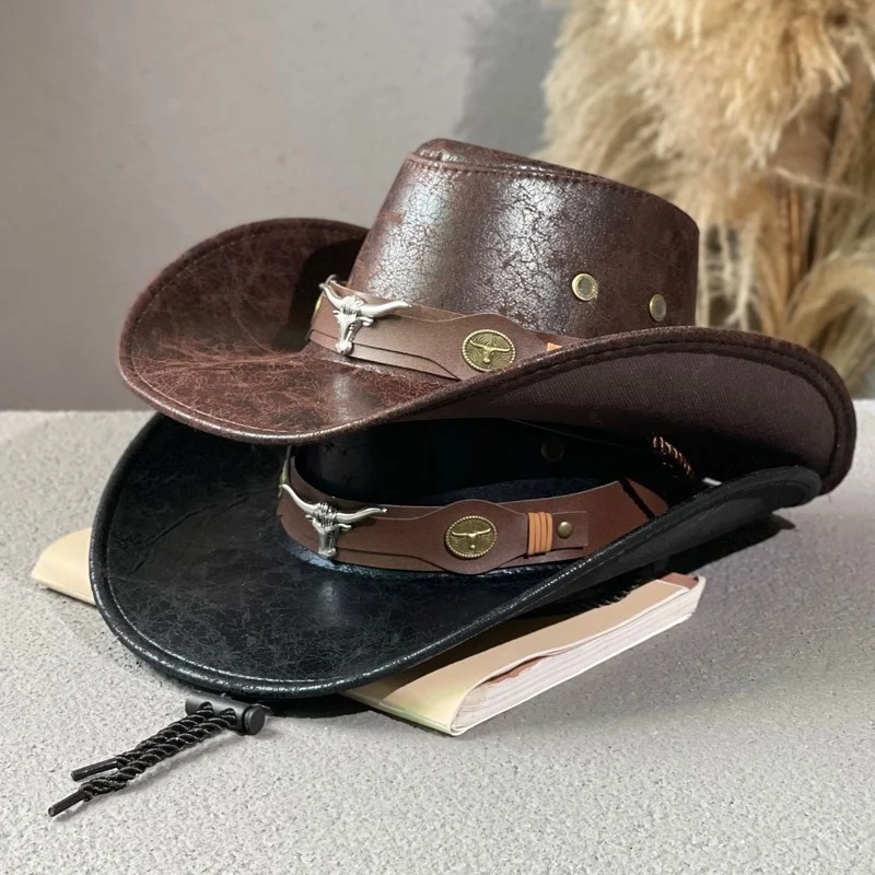 

Western Cowboy Hat Ox Head Belt Rivet Fedora Hats for Men Women Outdoor Travel Vintage Wide Brim Faux Leather Cowgirl Sun Caps