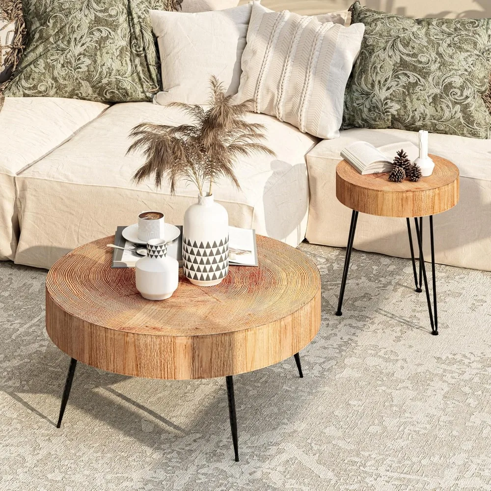 

2-Piece Modern Farmhouse Living Room Coffee Table Set, Nesting Table Round Natural Finish with Handcrafted Wood Ring Motif, Ligh