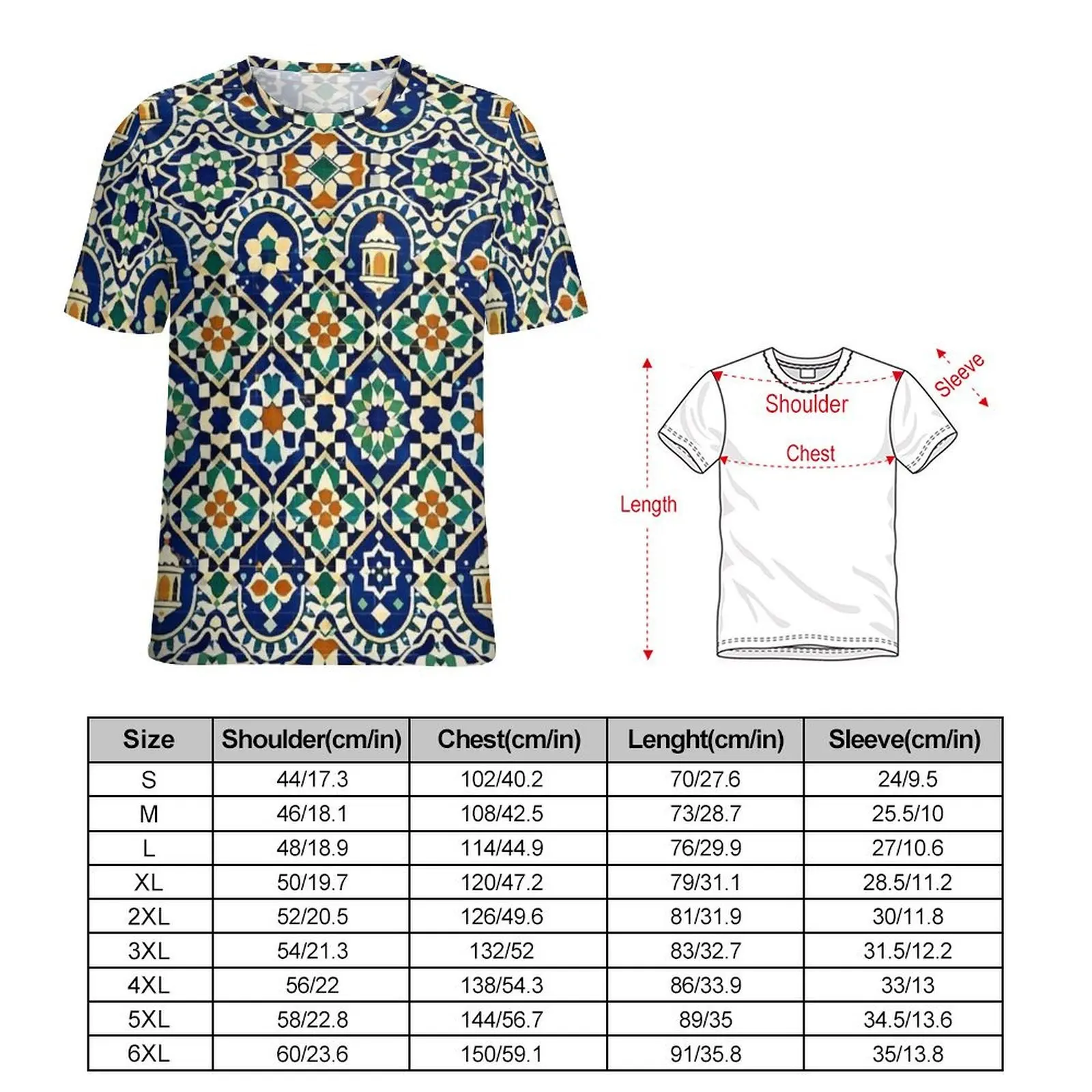Blue Green Islamic Lantern Tile T Shirt  Vintage T Shirts Male Kawaii Tshirt Summer Short-Sleeve Printed Tees Plus Size 4XL 5XL