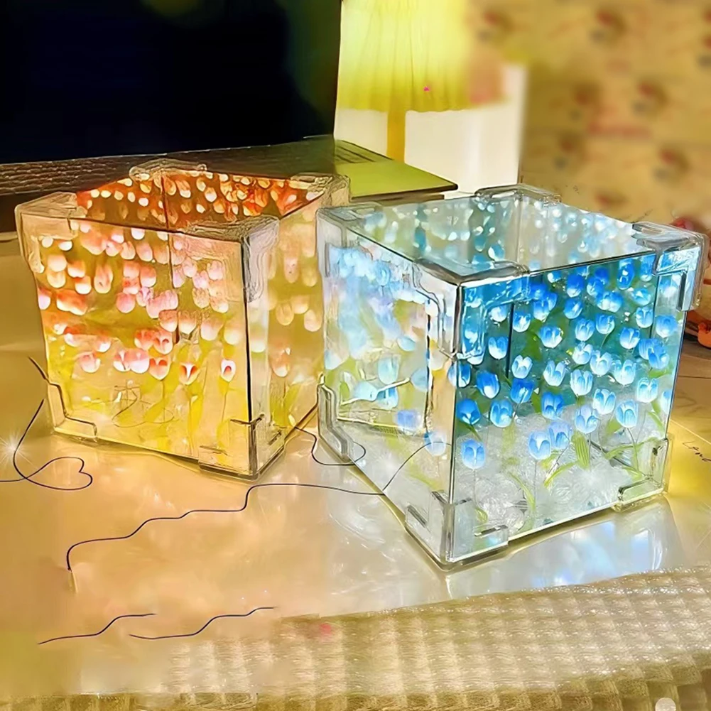 

Tulip Nightlight Handmade DIY Material Cube Tulip Mirror Bedroom Decor Atmosphere Lamp Valentine's Day Birthday Gift