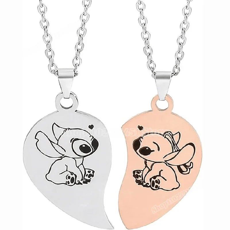 

2pcs Disney Stitch Necklace Stainless Steel Jewelry Kids Aesthetic Pendants Couple Y2K Lovers Necklet Chain Cute Key Chains Ring