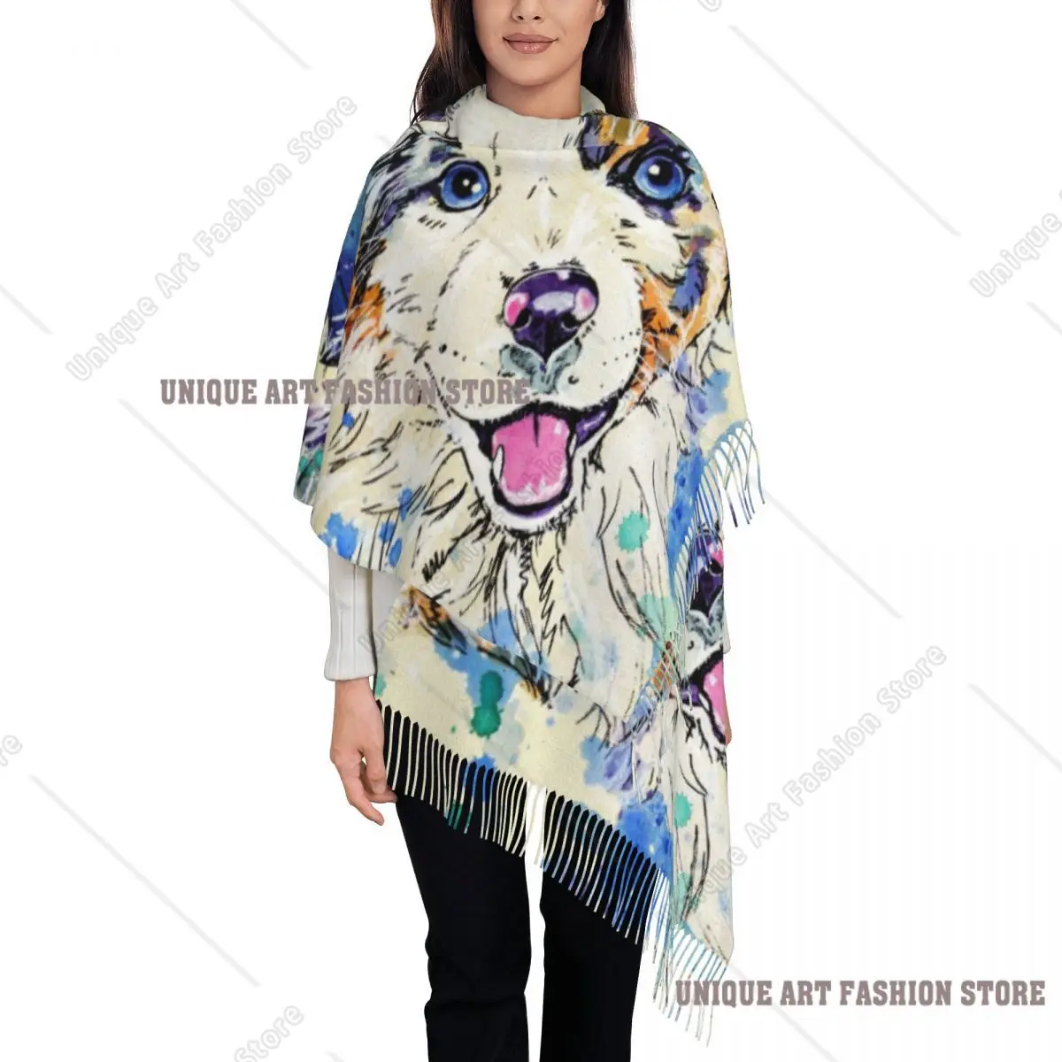 Custom Australian Shepherd Dog Tassel Scarf Women Soft Collie Puppy Shawls Wraps Female Winter Fall Scarves