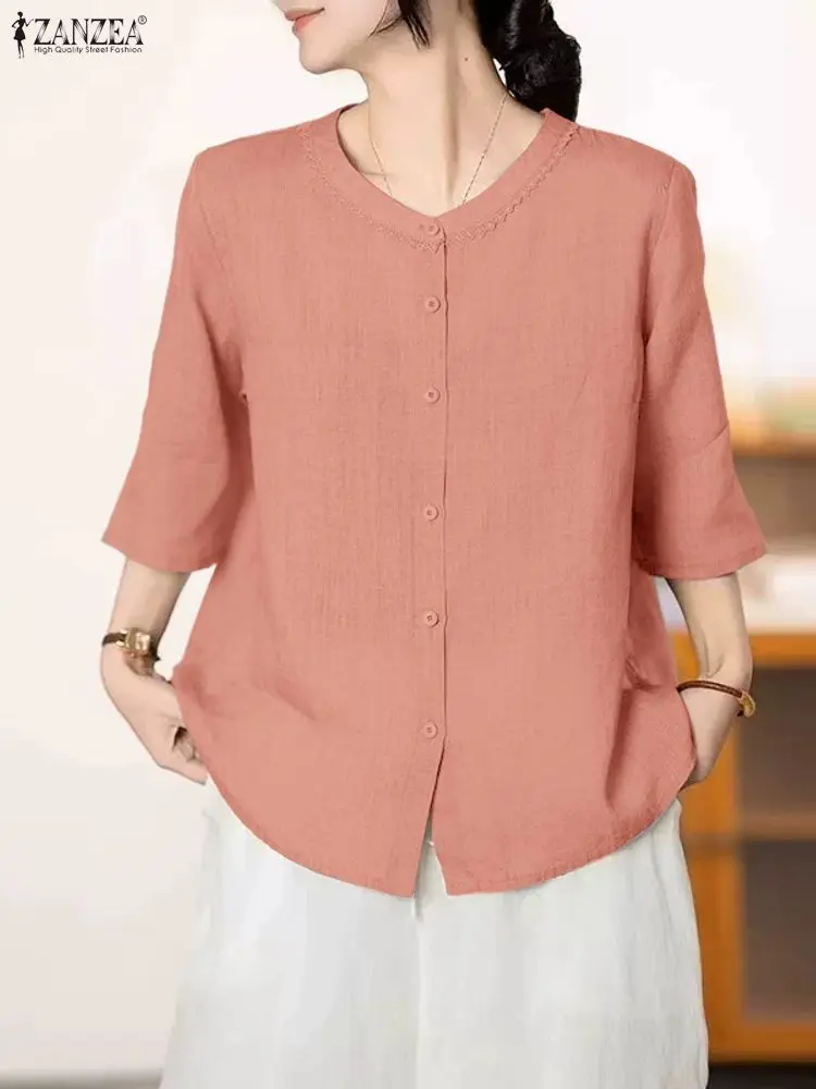 2025 ZANZEA Camicie da donna Moda Manica 3/4 Girocollo Solido Casual Top Estate Primavera Camicetta da donna Abbigliamento elegante Blusas