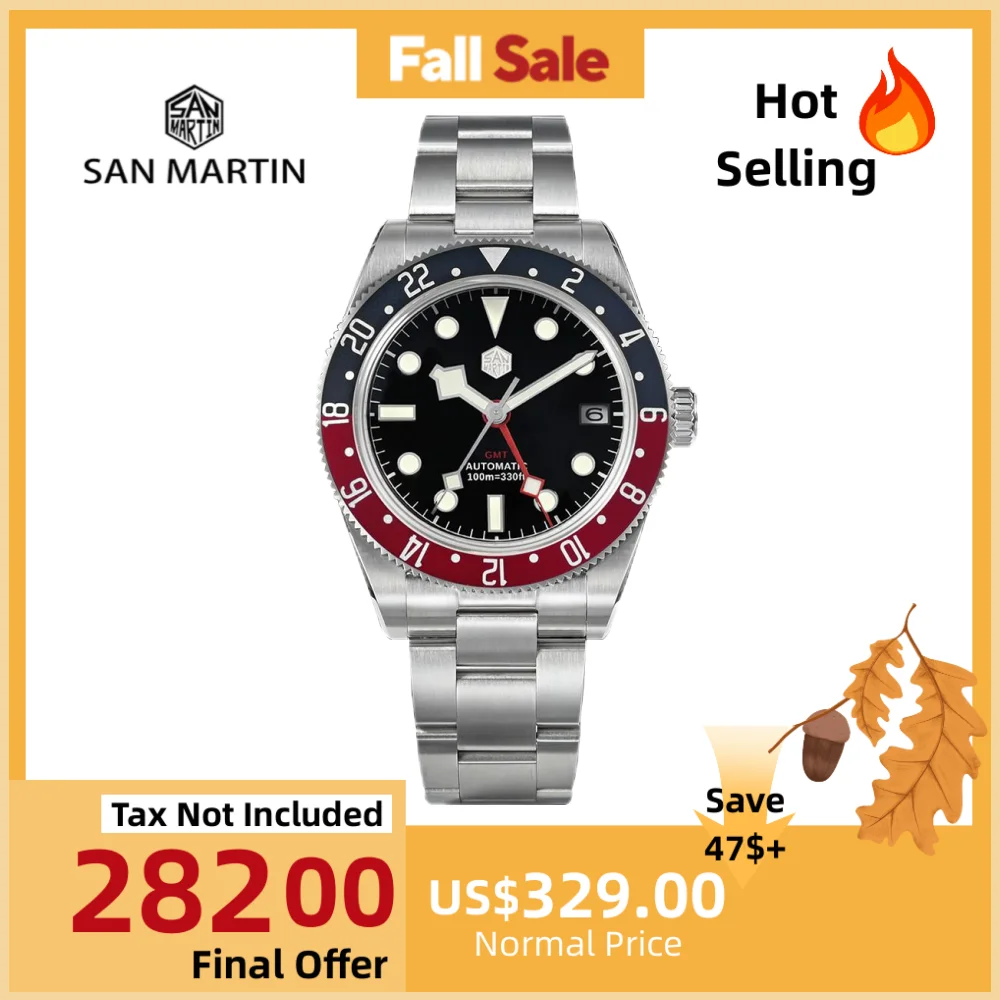 

San Martin 39mm NH34 Mechanical GMT Watch For Man Automatic Wristwatch 3H Date Waterproof 10Bar Reloj BGW9 Lume часы SN0109