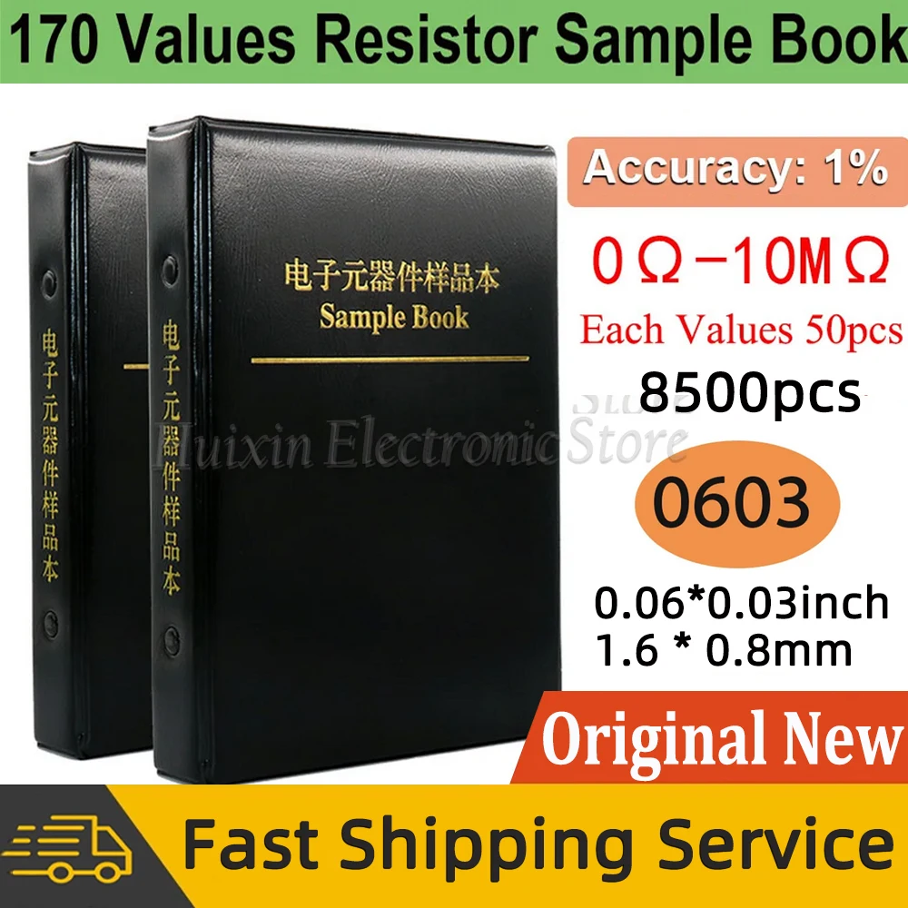 170 Values 8500pcs 0603 SMD Resistor Assortment Kit Chip Sample Book Accuracy 1% SMT Each Values 50pcs 0-10M Ohm 0R~10M