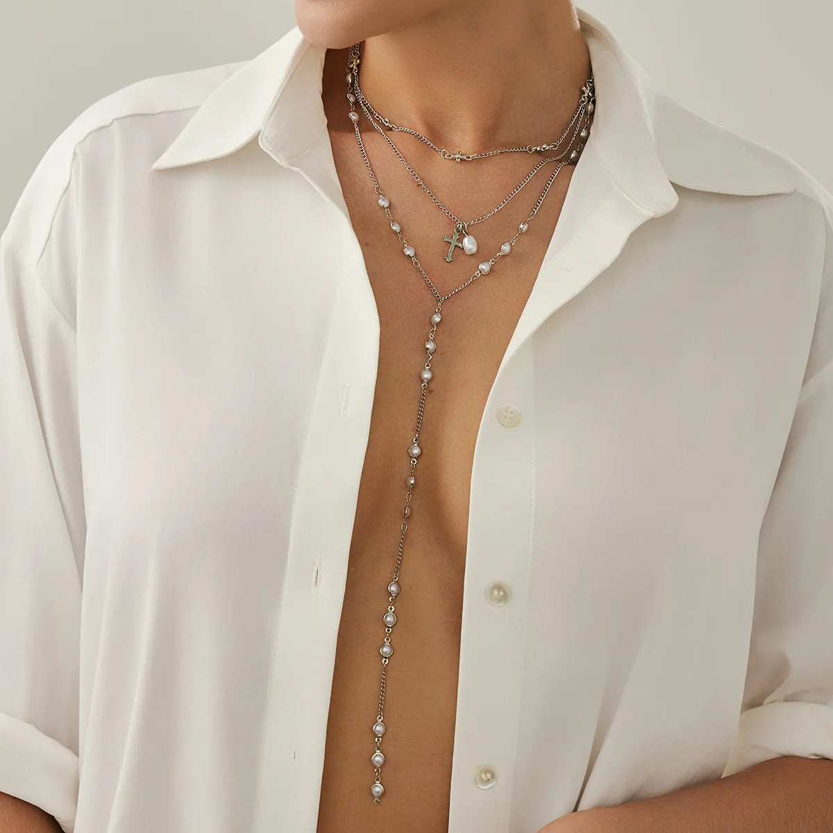 Necklace Y Shape Tassel Faux Pearl Cross Pendant with Long Adjustable Gold Tone Chain for Women Edgy Elegant Daily Party Gift