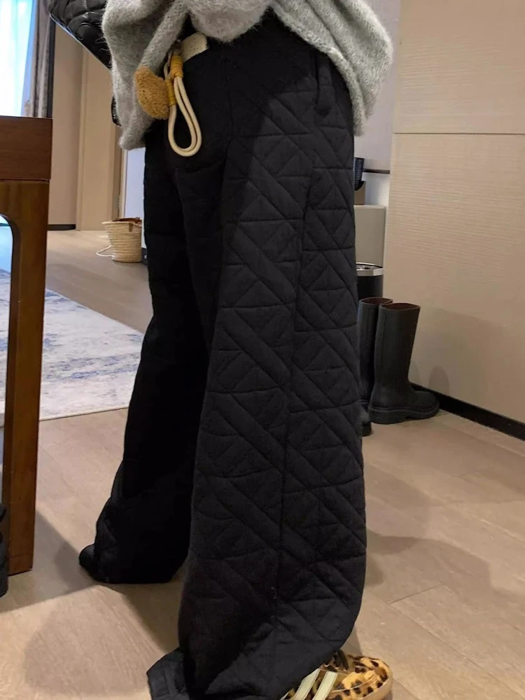 هوتشو السراويل الدافئة غير رسمية النساء الكورية نمط الكاكي المتضخم سميكة واسعة الساق السراويل خمر الأسود الشتاء الصلبة السراويل فضفاضة