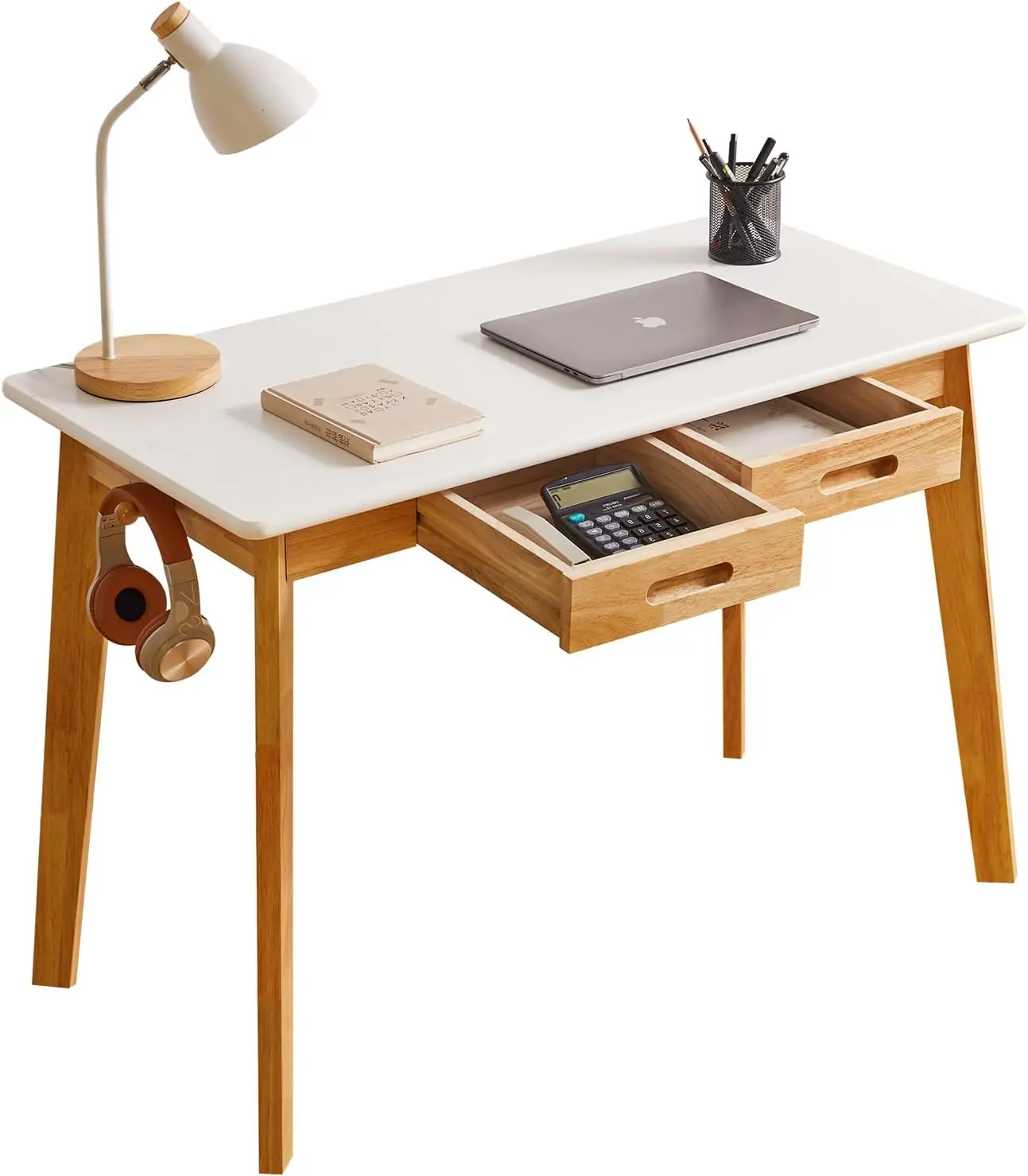 ！@Combohome Small Computer Desk Table Wood Writing Desk with Drawer and Hanging Rod Study Work Desk Wooden Dining Table White