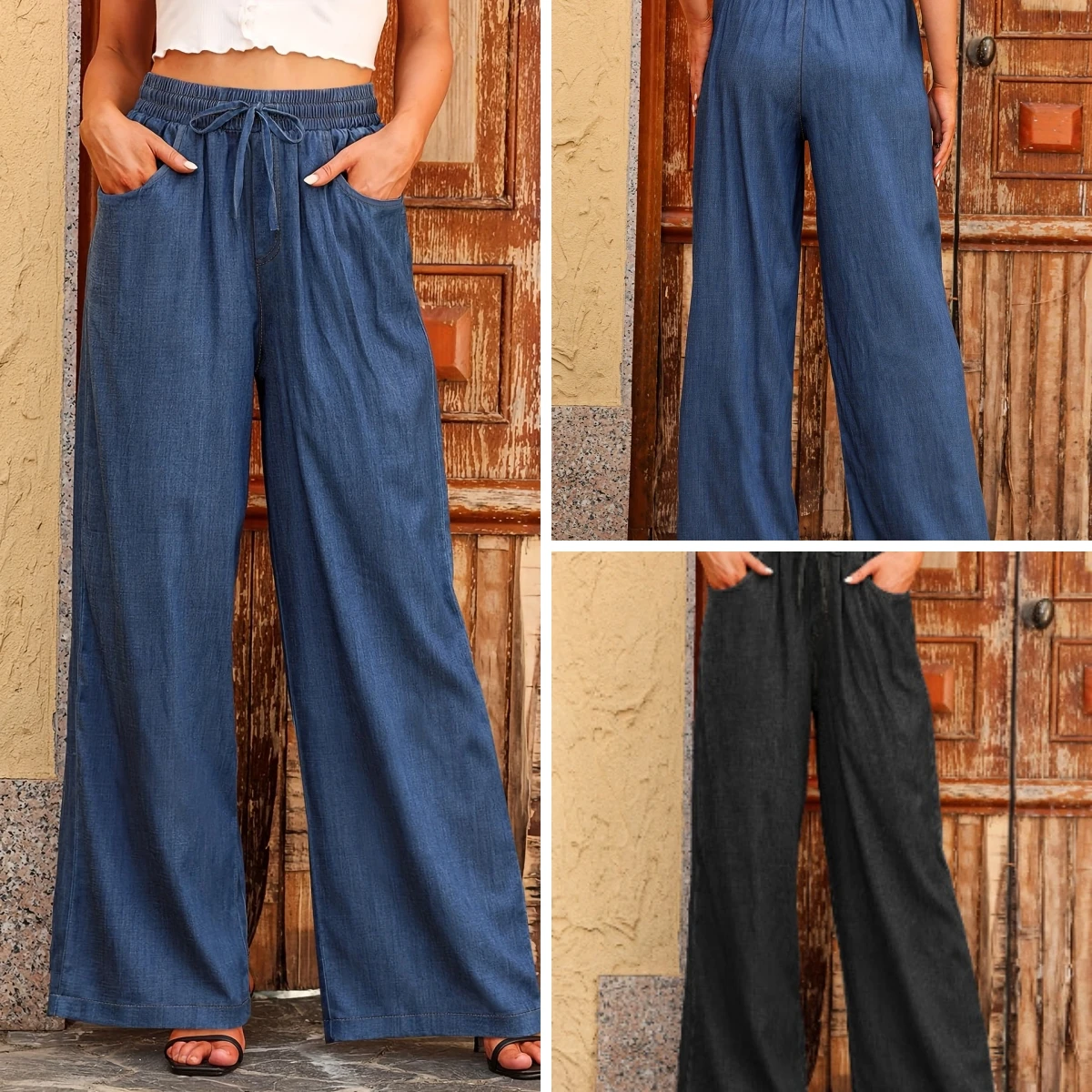

Women Wide Leg Pants Jeans Elastic Waist Drawstring Lace Up Distressed Washed Streetwear Vintage Floor Length Denim Trousers