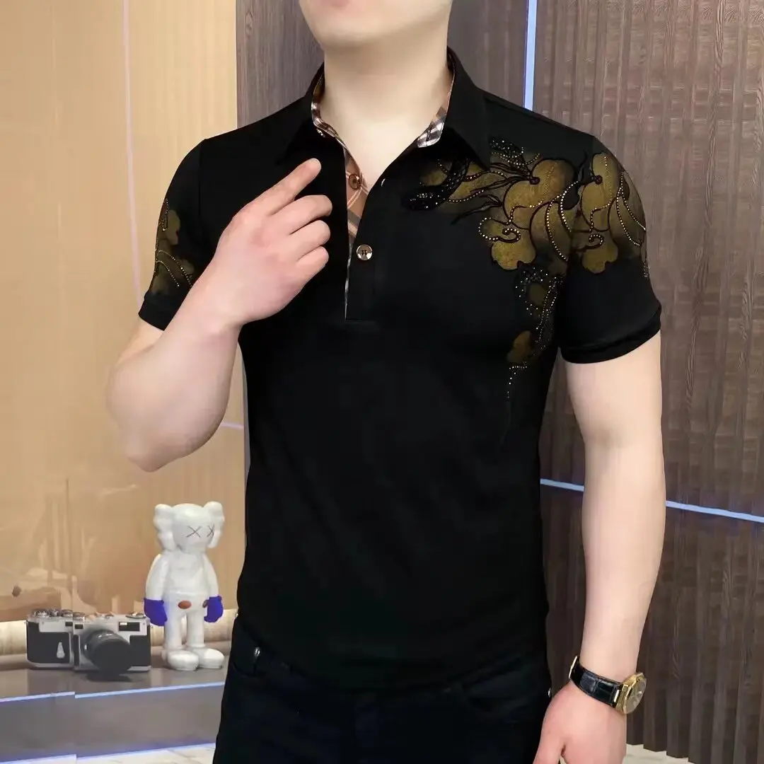 Luxury Rhinestone Printed Short Sleeved T-shirt for Men Summer Short Sleeve Lapel T-shirts Versatile Casual Business Polo Shirts