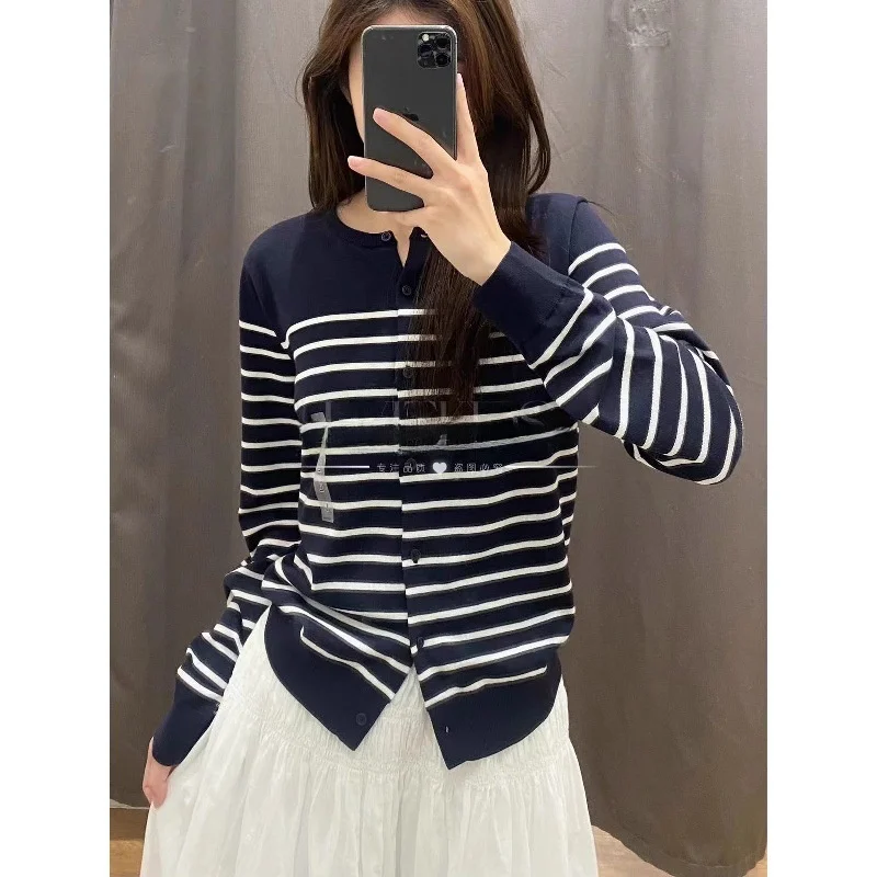 مشروط مزيج القطن طويلة الأكمام مخطط تريكو جولة الرقبة ربيع الخريف جودة الملابس النسائية TikTok جودة ملابس خارجية #1