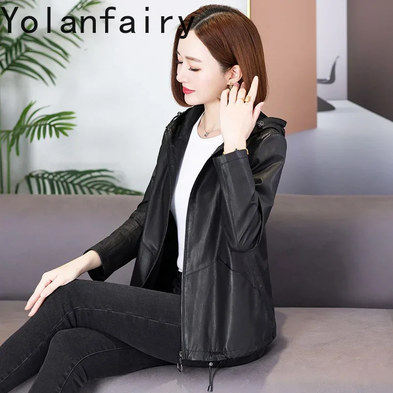 YOLANFAIRY-سترة بغطاء رأس من جلد الغنم الطبيعي للنساء ، معاطف قصيرة ، جاكيتات كورية ، أحجام M إلى 4XL ، الربيع