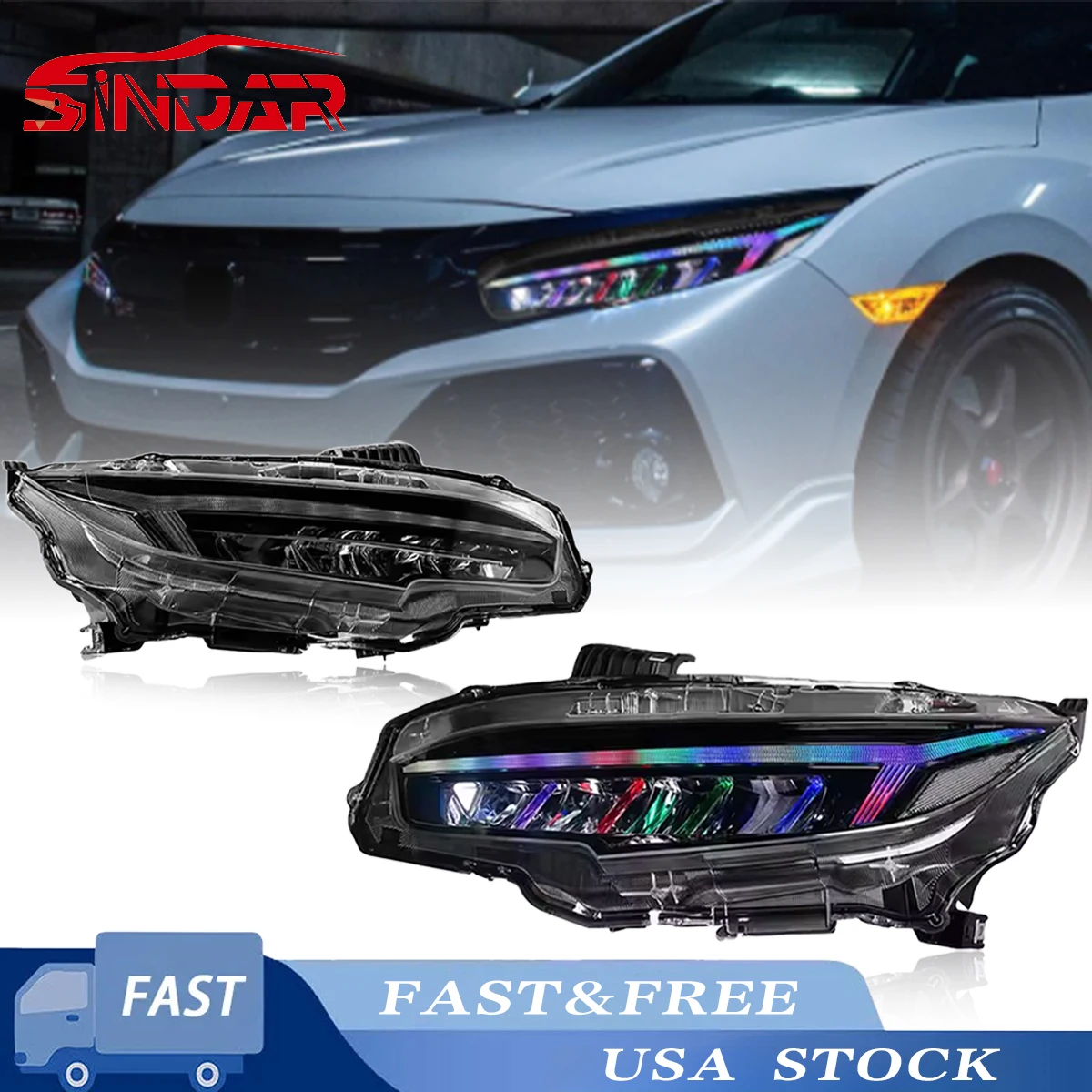 SINDAR 2Pcs 2016-2021 for Honda Civic 10th Gen RGB LED Headlights Sequential Turn Signal Animation