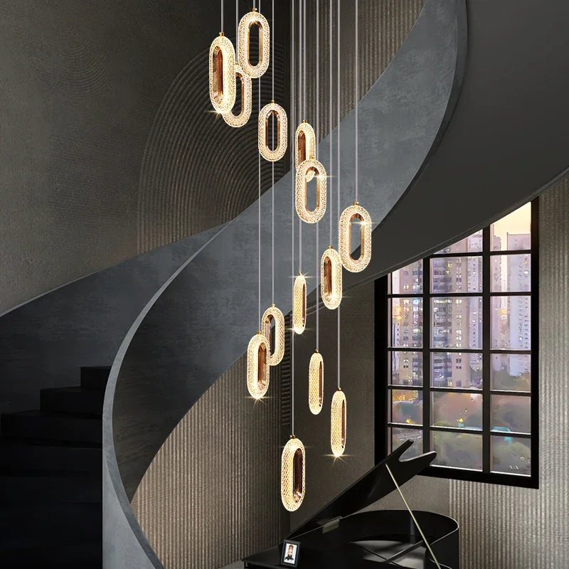 Modern Rings LED Chandeliers For Staircase Luxury Long Hanging pendant Lamps Gold Creative Indoor Attic Lighting Lustre Fixtures