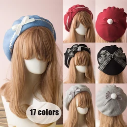 17 Colors Girls Bowknot Sailor Style Lolita Berets Wool Blend Hat Women Girls Plaids Stripe Preppy Chic College Students Cap