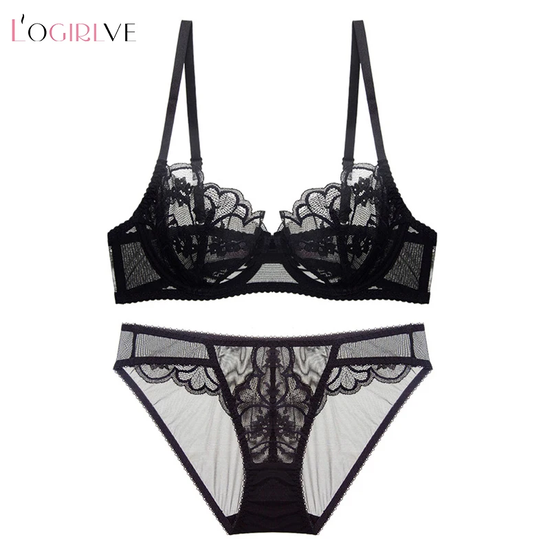 Logirlve Ultrathin Cup Bra Set Push-up Underwear Set Embroidery  Gather Bra Plus Size Lace Lingerie sets for bra and bottom