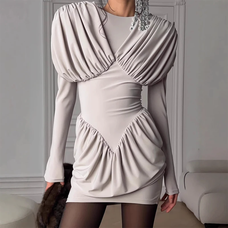 

Trendix Women Slim Elegant Evening Dress 2026 Summer Fashion Pleated Patchwork Long Sleeve Dresses High Waist Short Party Dress