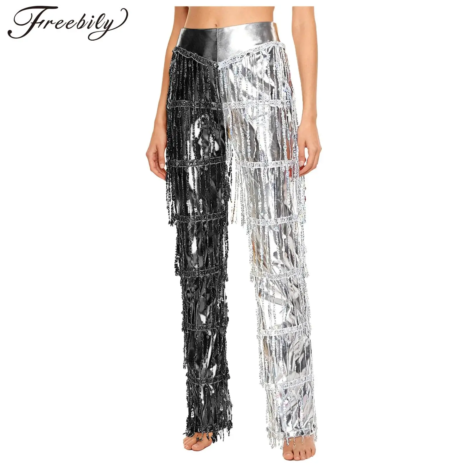 

Женские брюки с металлическими блестящими блестками и кисточками для латинских танцев 70-х годов, дискотека, танго, сальса, бальные брюки для румбы, карнавальный тематический костюм для вечеринки
