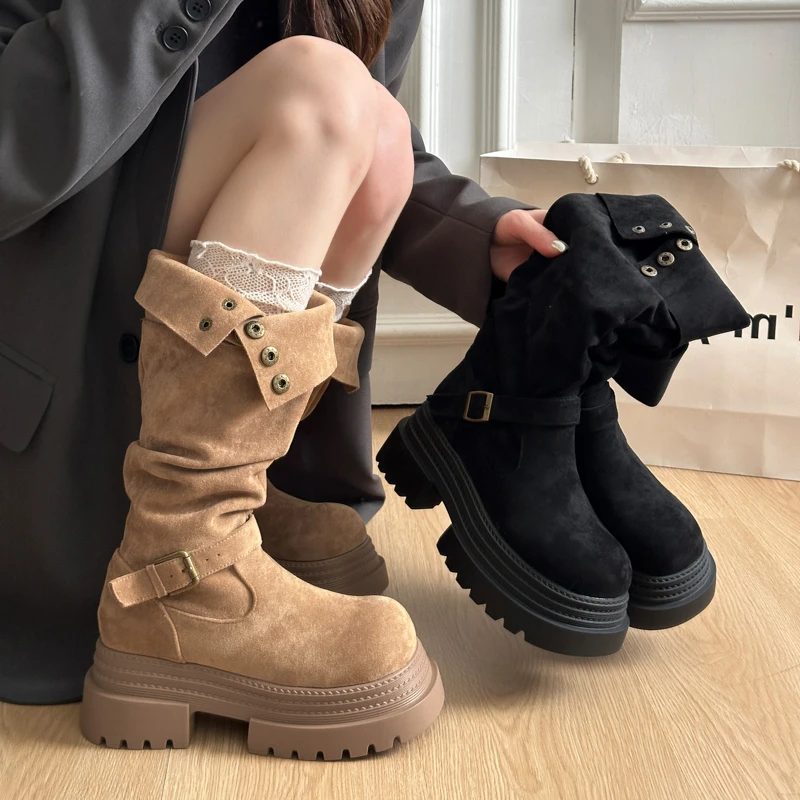 Retro Ruched Leather Long Boots for 2026 Winter, Fashionable and Versatile Style Round Head  Platform Thick-soled Women's Boots