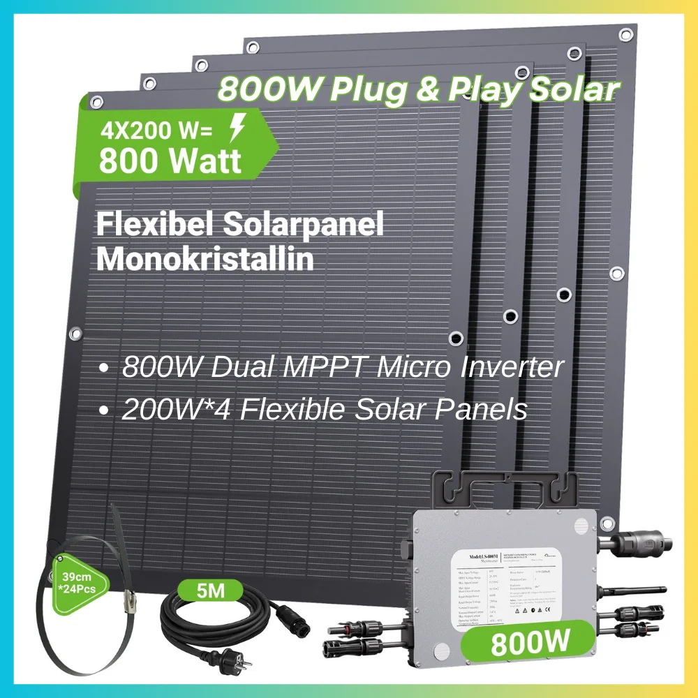 2026 Neues W Balkon-Solarstromsystem-Set, Mikro-Wechselrichter, 4 × 200W Flexible Solarmodule, Plug & Play PV-System, WLAN-App-Überwachung