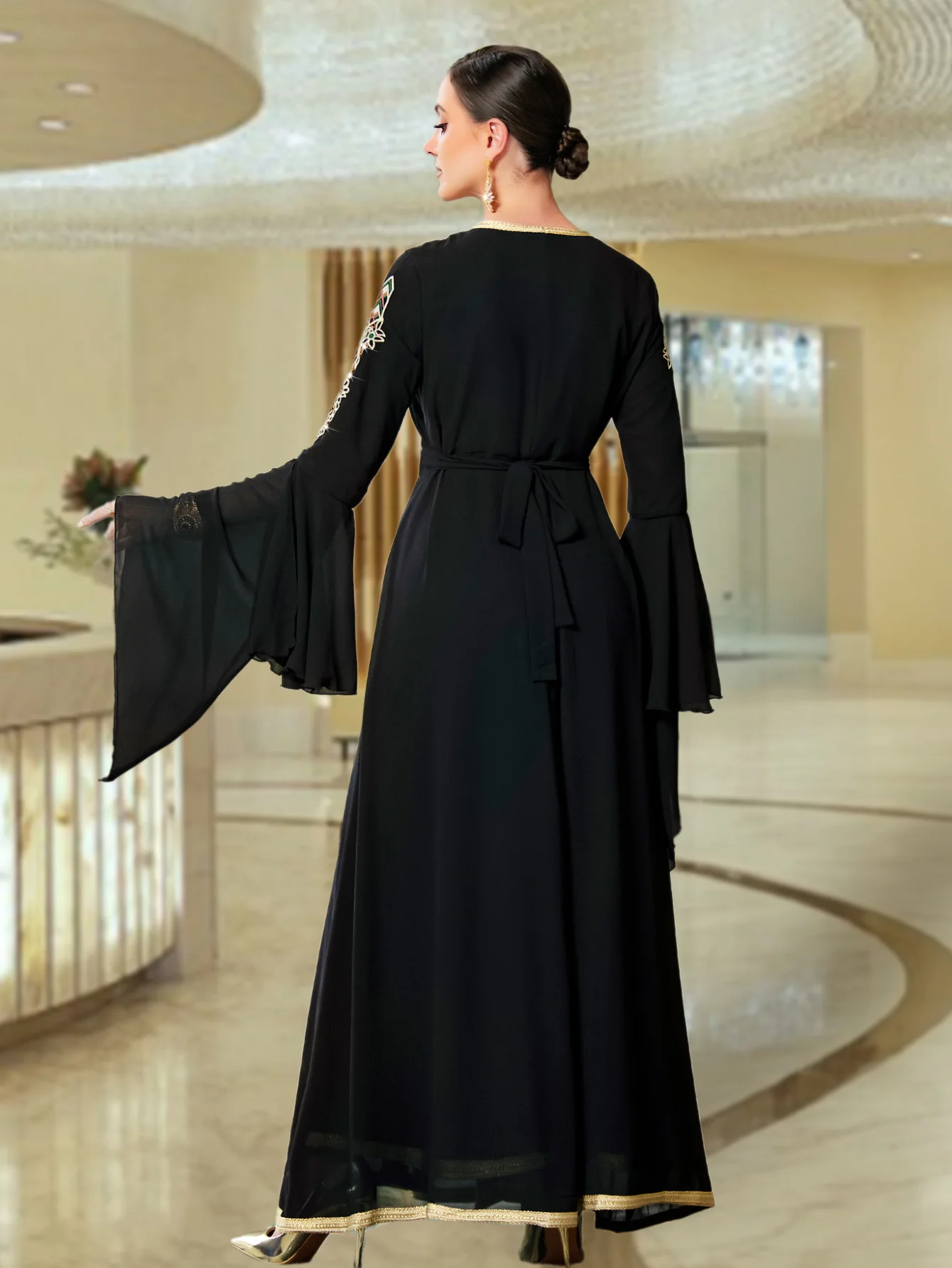 Arab Mesh Embroidered Dress with Belt V-Neck Super Full Sleeves Stylish Abaya for Luxury Muslim Woman Moroccan Party Kebaya Gown