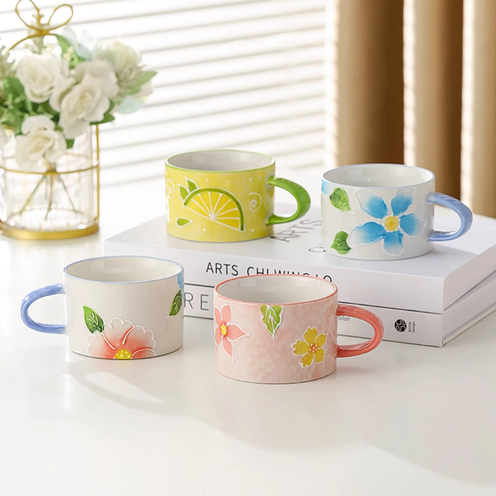 Creative  Floral Pattern Ceramic Mug Colorful Stoneware Cup Niche Design Ceramic Mug Sweet Style Drinkware Home Dining Tableware