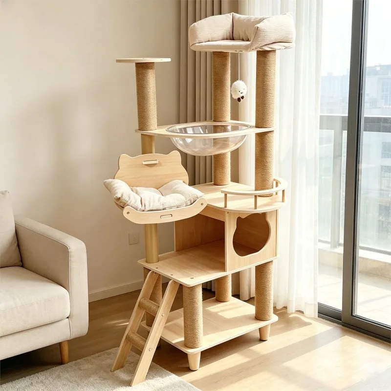multi-layer integrated closed cat nest, high jumping platform, wear-resistant hemp rope cat tree, cat teasing stick cat