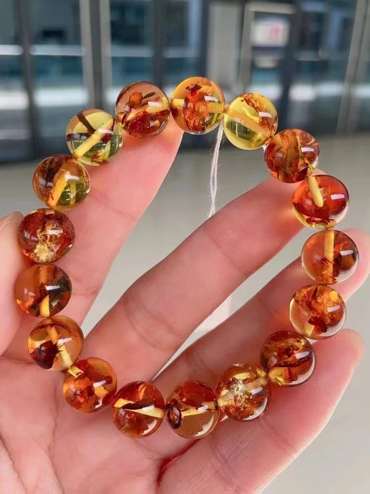 11.6mm Natural Piebald Amber Orange Red Clear Round Beads Bracelet Women Men Fashion Rare Healing Stone AAAAA