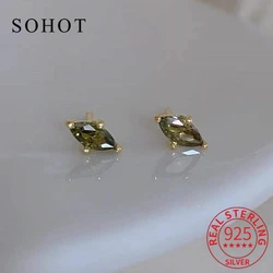 Real 925 Sterling Silver Olive Green Oval Zircon Stud Earrings for Women Vintage Fine Jewelry Minimalist Geometric Accessories