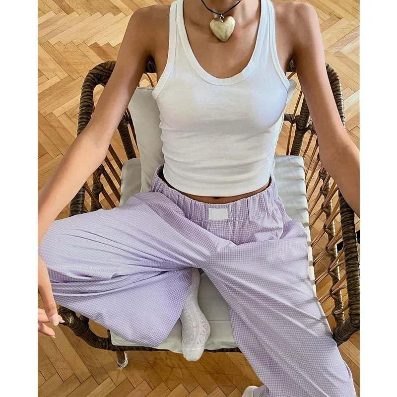 Pantalon à carreaux taille haute élastique pour femme, jambe large, vêtements de détente des années 2024, mode estivale, fjwith Pockets, Y2K, 2000