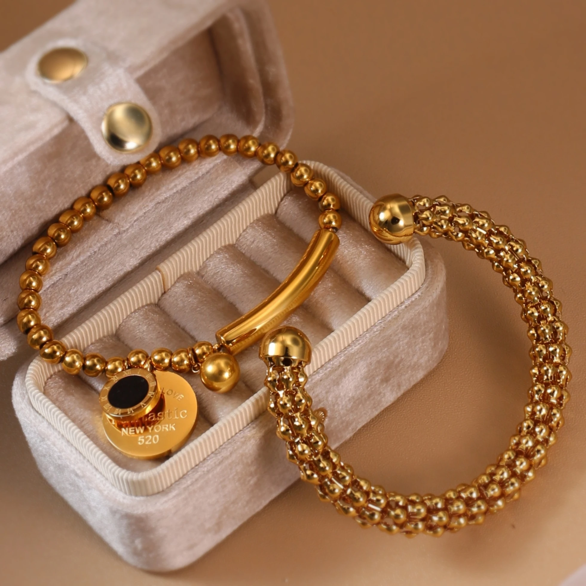 Luxury Roman Numeral Bead Bracelet 18 K Gold-Plated Stainless Steel Bangle Women's Jewelry Wholesale Gift Accessory