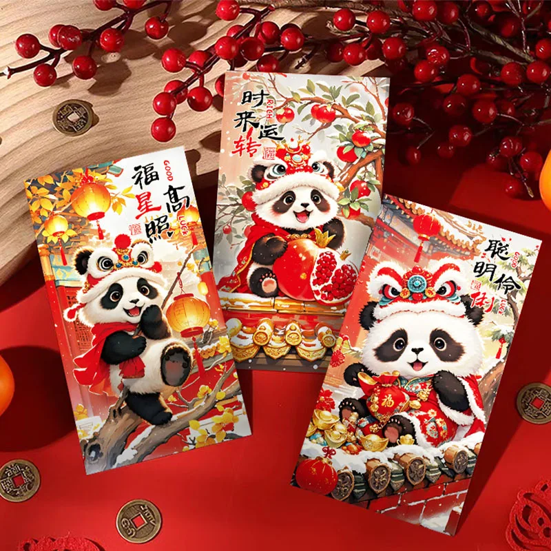 6PCS Chinese Style New Year Red Envelope Creative Cartoon Cute Panda Chinese New Year\'s Eve Wallet Greetings And Gift Giving Set