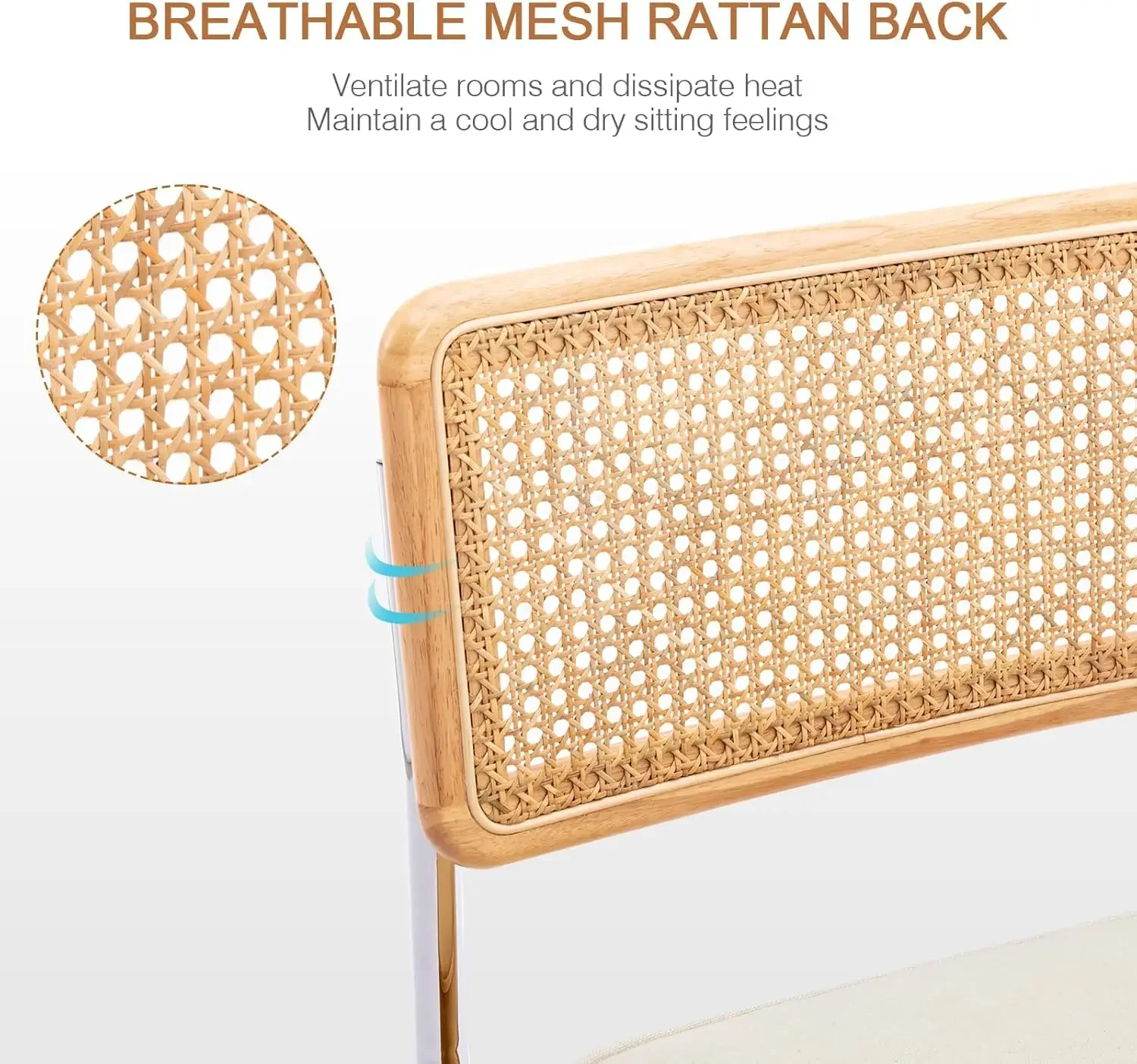 XMSJ. مجموعة كراسي تناول الطعام من الروطان الطبيعي مكونة من 2، كراسي طعام حديثة لمنتصف القرن مع ظهر من الخشب الصلب وقاعدة من الكروم، للمطبخ Liv #1