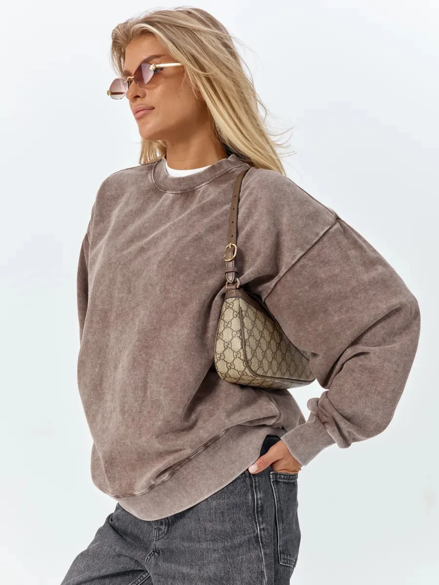 Streetwear Women Vintage Washed Crew Neck Sweatshirt Long Sleeve Drop Shoulder Casual Pullover