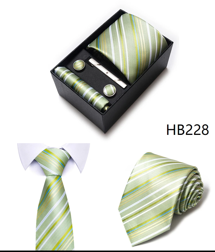 Krawatte Taschentuch Manschettenknopf Set für Männer Krawatte Urlaub Geschenkbox Blau Gold Anzug Zubehör Schlanke Hochzeit Gravatas – Detail 34