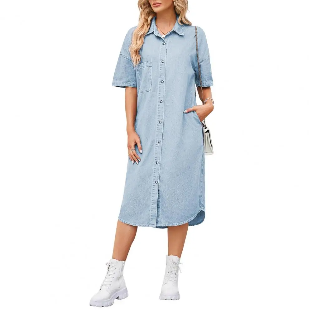 여름 신상 싱글 브레스티드 데님 셔츠 드레스 여성 캐주얼 루즈 포켓 심플 레트로 출퇴근 여성 오피스 데님 숏 스커트