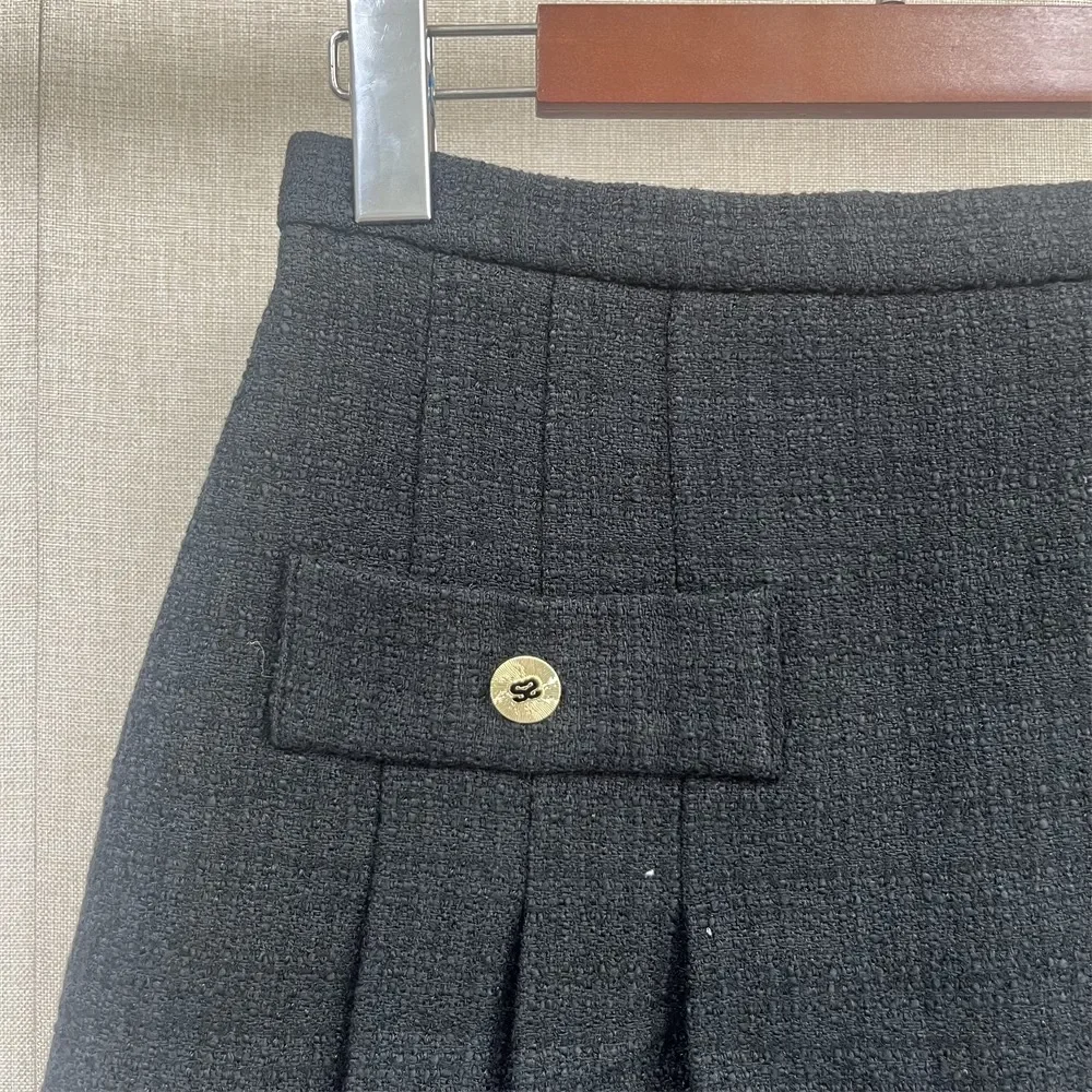 

y2k skirt Tweed skirt with 100 pleats, sweet black high waisted short skirt, French elegance, 24 new autumn and winter styles