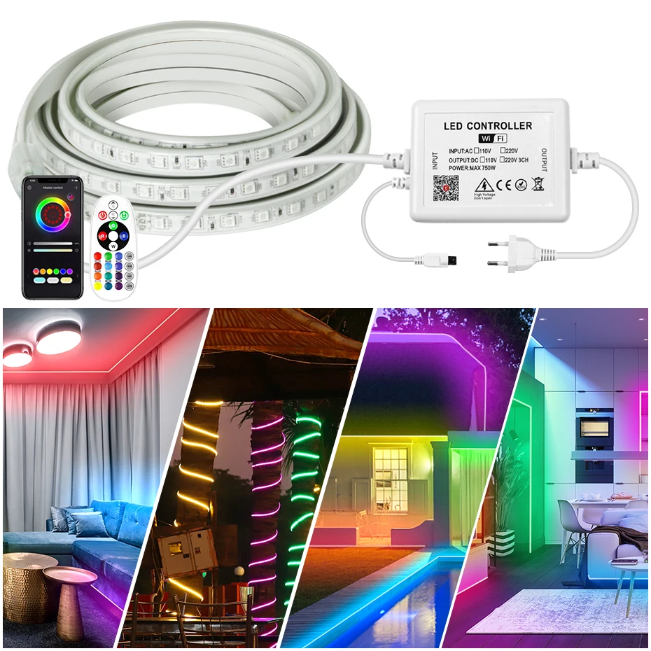 Tuya Smart RGB LED Strip Light AC 220V IP67 Waterproof Flexible Tape Lamp SMD 5050 Dimmable LED Ribbon with EU Plug Controller